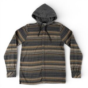 Billabong Baja Flannel Hoodie Mens L Brown Gray Striped Button Down Shirt